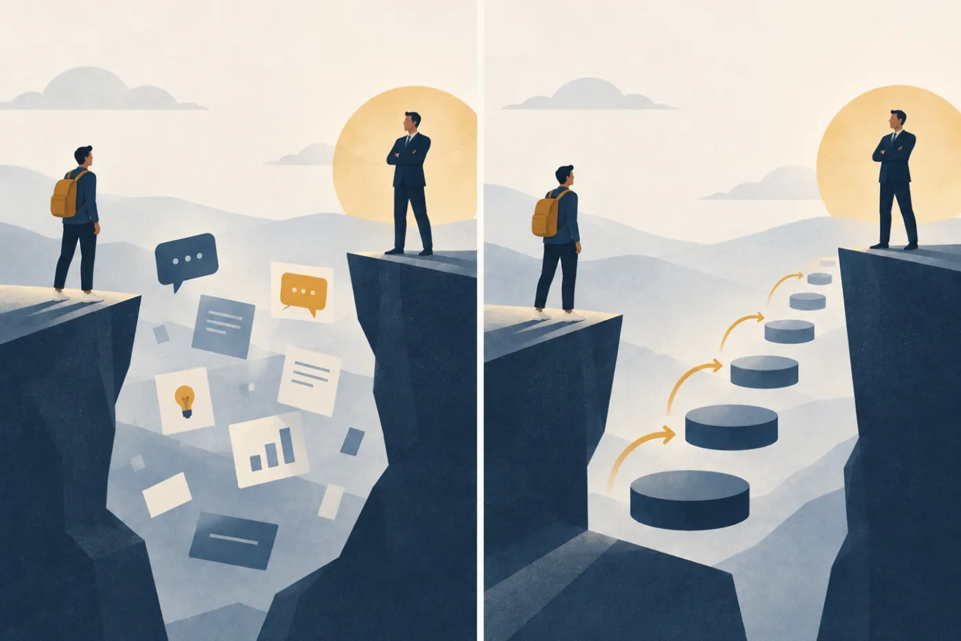 Two gaps between a new hire and a veteran: a chasm of scattered documents on one side, a path of stepping stones on the other
